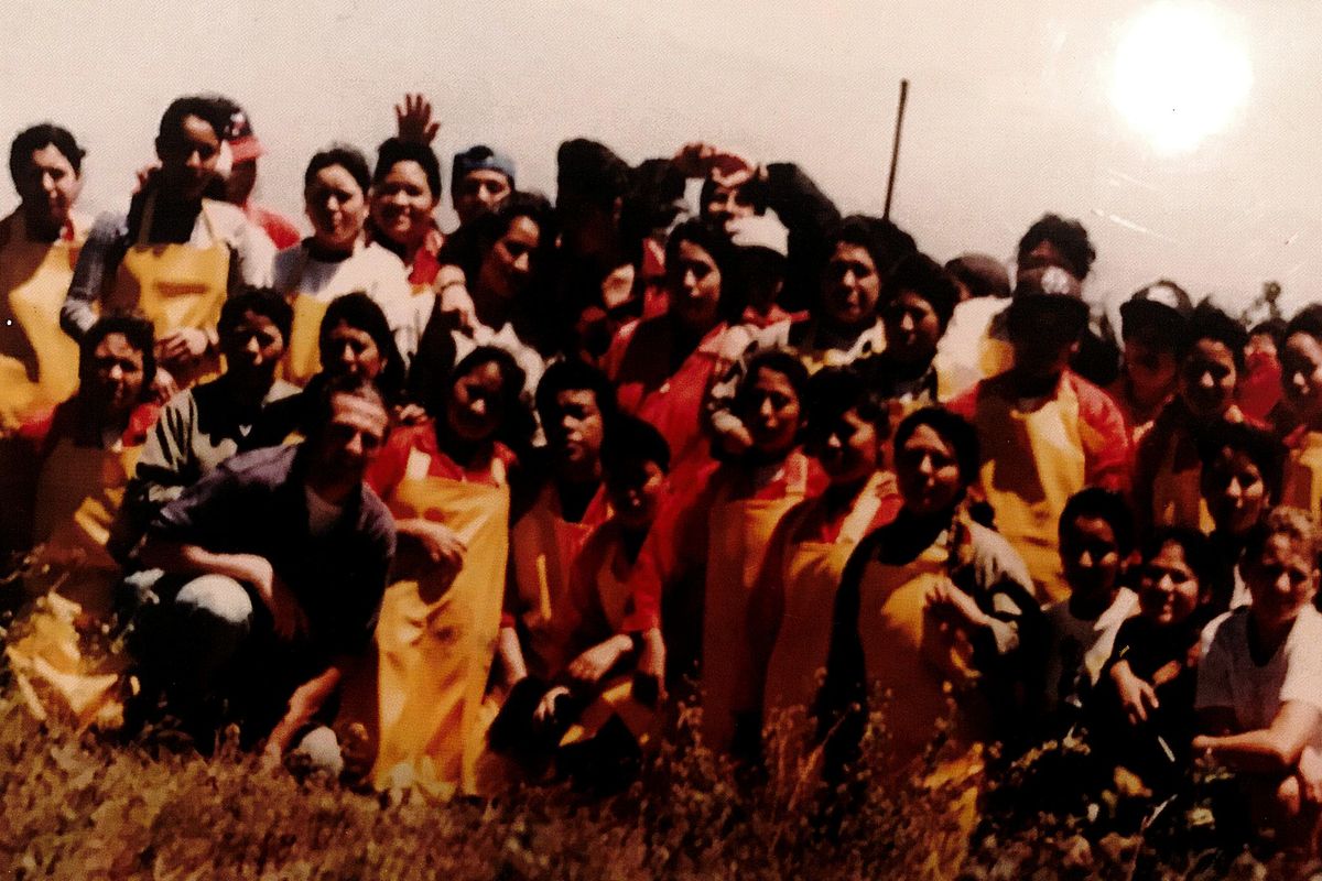 Group photo of farm workers in yellow and red aprons gathered on a hillside