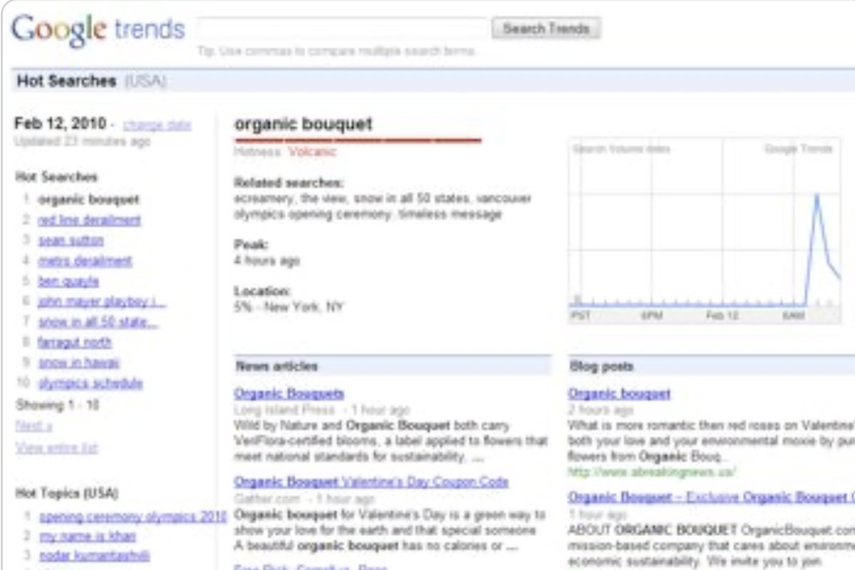 Google Hot Trends for February 12, 2010, showing organic bouquet as the number one hot search in the USA with a hotness level of Volcanic