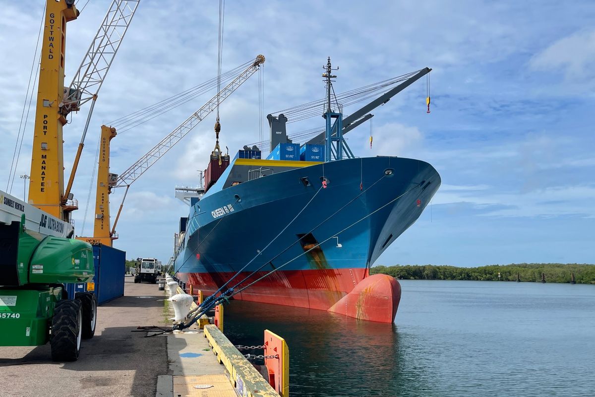 The Queen B III at Port Manatee, Florida, on the day it arrived in June 2021 with the first ocean-shipped delivery of Manatee Fresh flowers from Mexico
